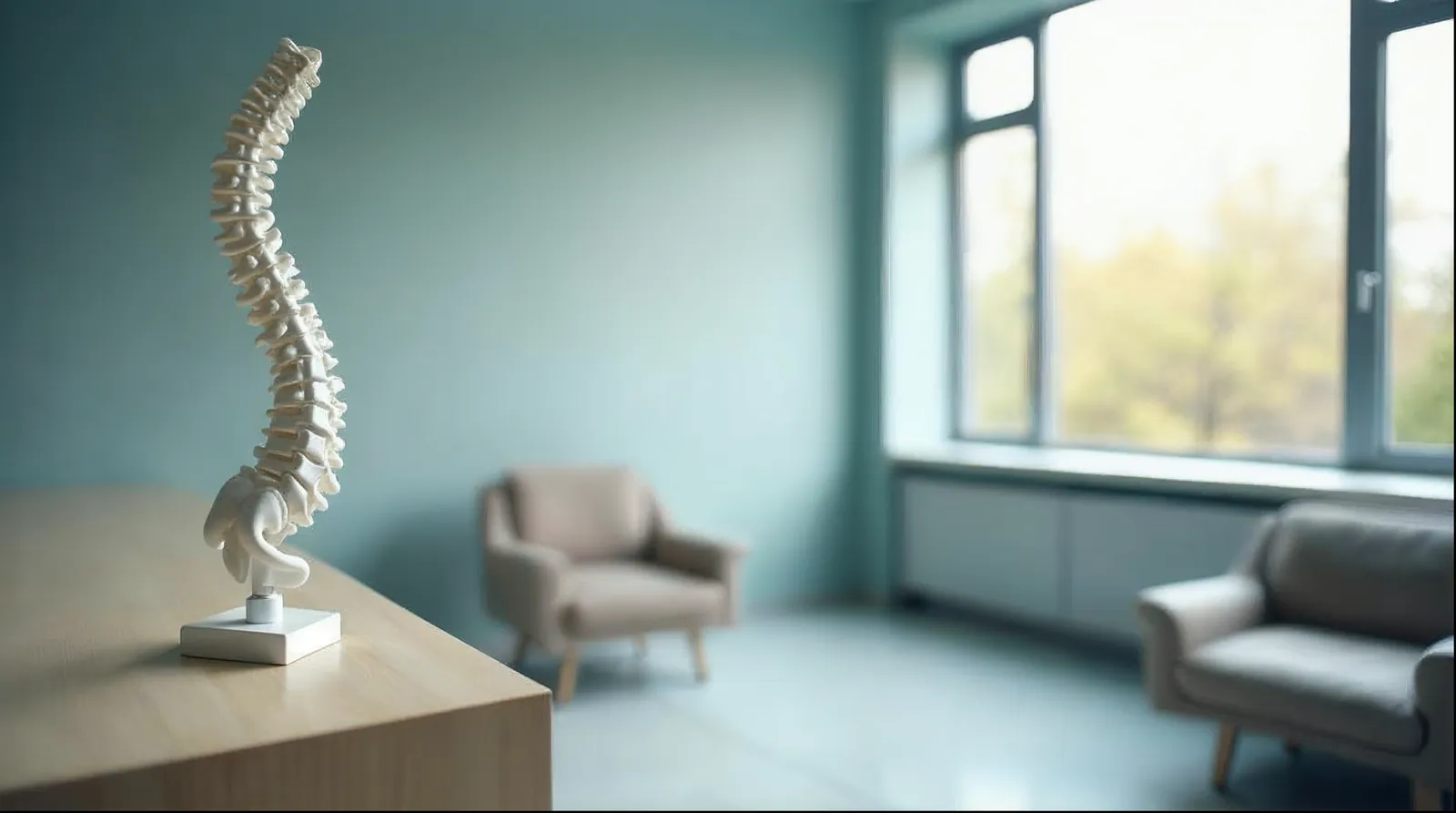 Sala de consulta com um modelo anatômico de coluna sobre a mesa