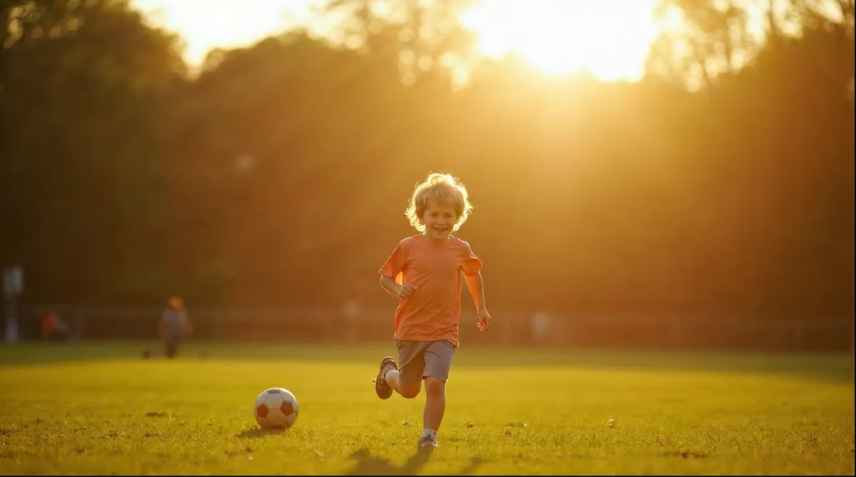 Criança correndo atrás de uma bola em um campo ao ar livre