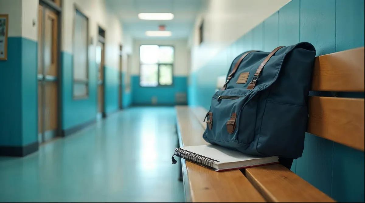 Mochila escolar e caderno sobre um banco de escola